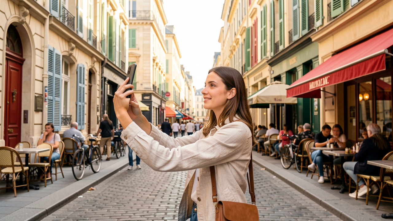 Jeune voyageuse filmant à la verticale une rue française animée et lumineuse avec son smartphone.