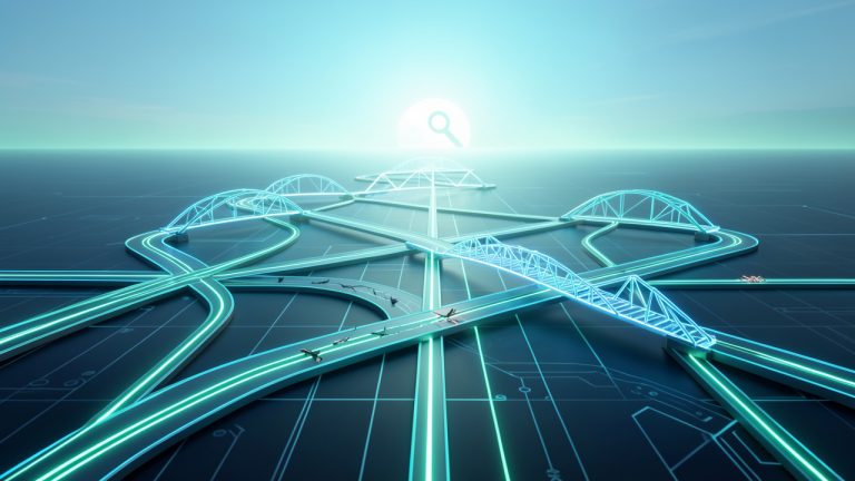 Illustration d’une architecture de site web où des liens brisés sont réparés par des passerelles lumineuses, symbolisant la récupération du référencement.