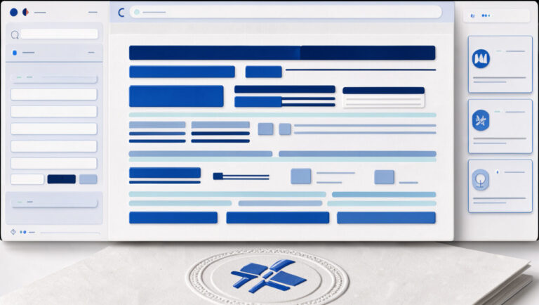 Illustration éditoriale d’un écran de moteur de recherche présentant une réponse générée par une IA, des cartes de sources contextuelles et un document officiel dans une palette professionnelle bleue et blanche.