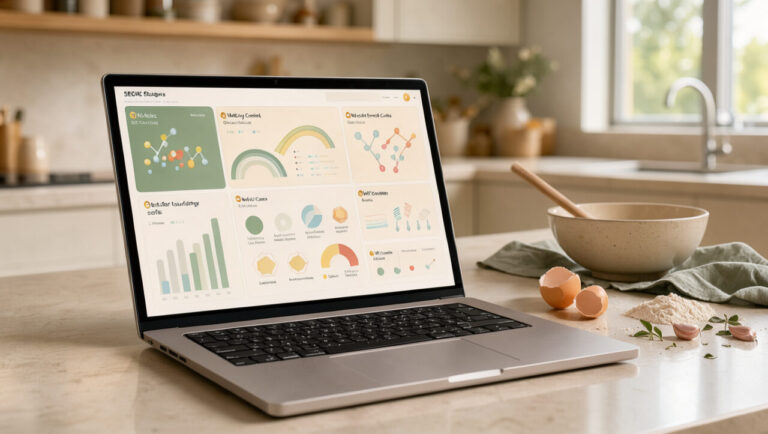 Tableau de bord SEO visuel avec graphiques abstraits de performance devant une cuisine lumineuse et chaleureuse